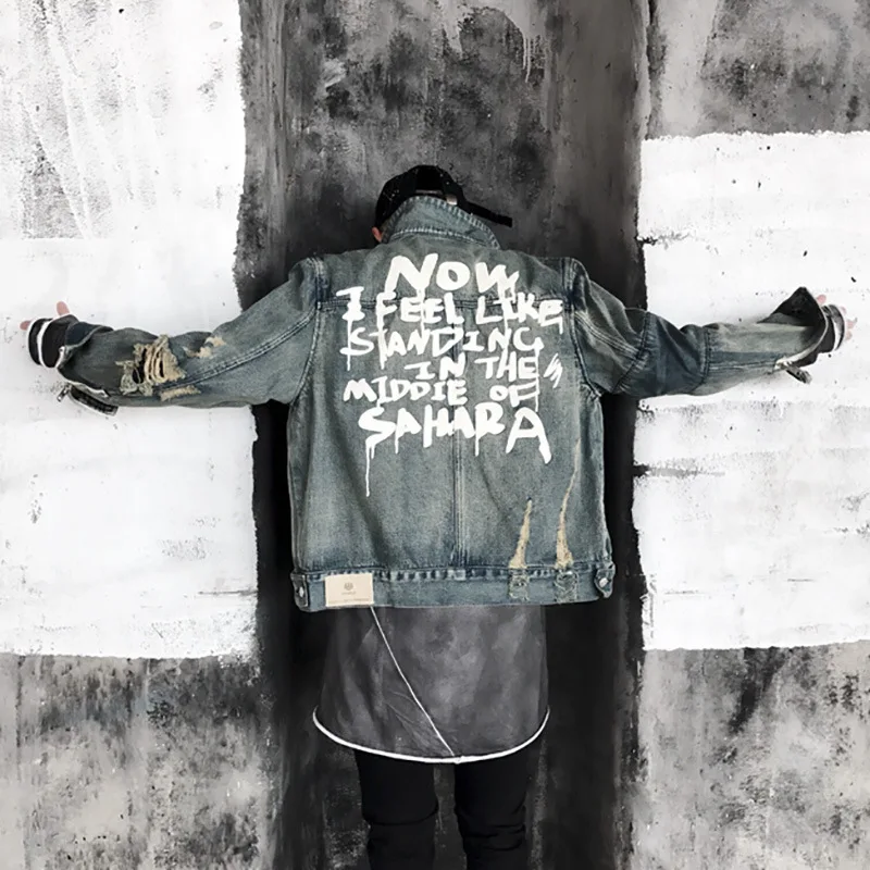 Jaket Jeans Huruf Grafiti Pria Musim 