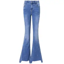 Весенние модные офисные женские расклешенные джинсы с высокой талией, Стрейчевые обтягивающие джинсы полной длины, расклешенные джинсовые брюки