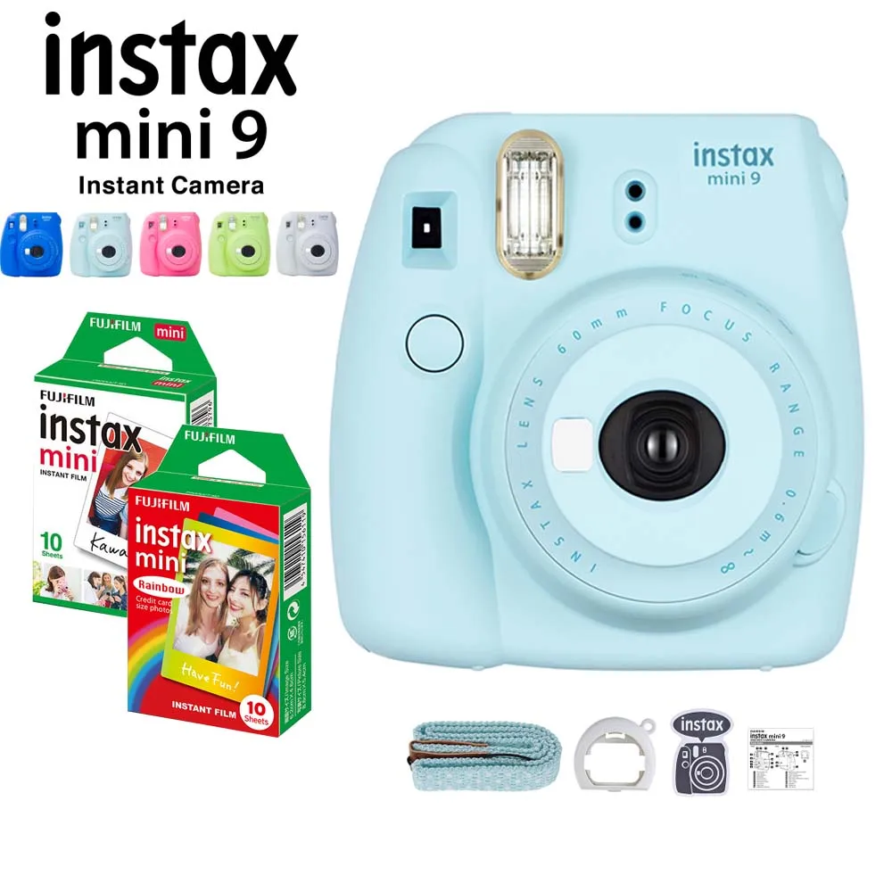 5 цветов Fujifilm Instax Mini 9 мгновенная камера+ Fuji Instax Мини пленка белый/Радуга 20 шт фотобумага+ крупным планом объектив+ ремешок