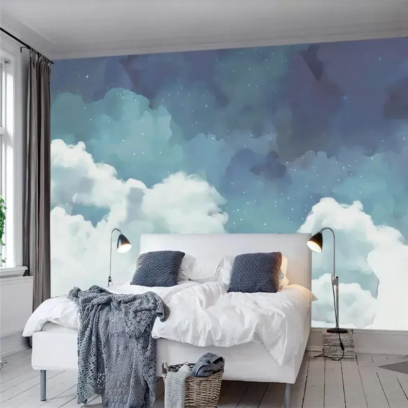 

Blue sky and white clouds TV background wall professional production murals, wallpaper wholesale, custom poster photo wall