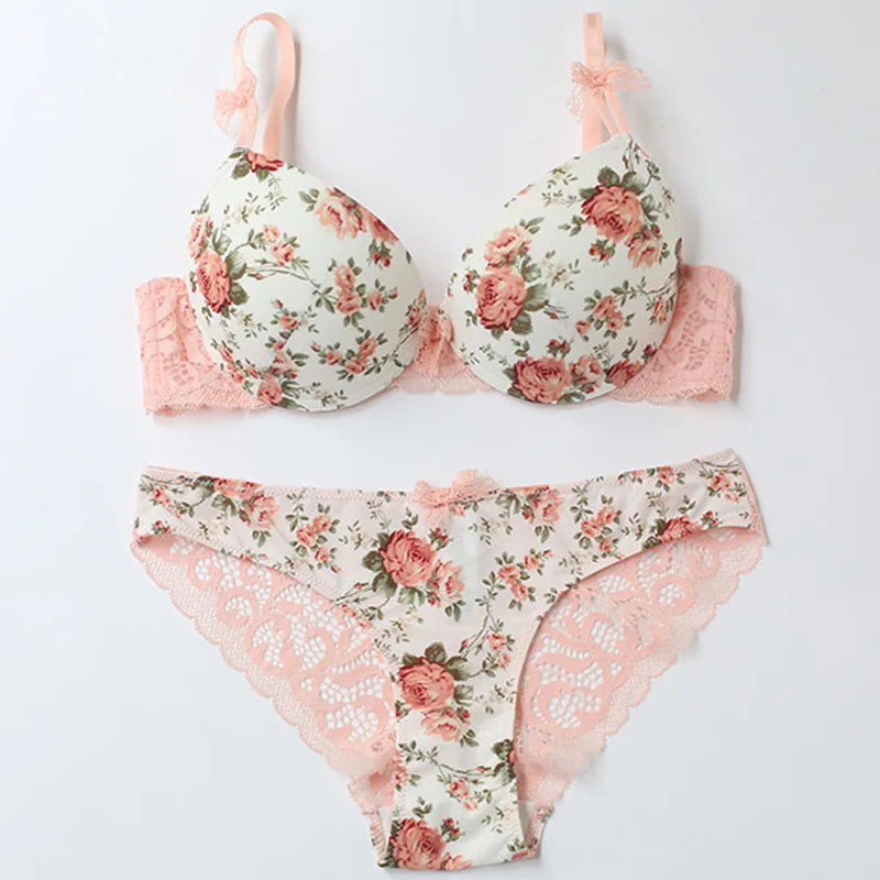 

Femal Intimates French Gather Sexy Lingerie Set Print Loli Pu sh UpBra Briefs Women Underwear Rose Lace Bra Set 75-85 ABC Cup
