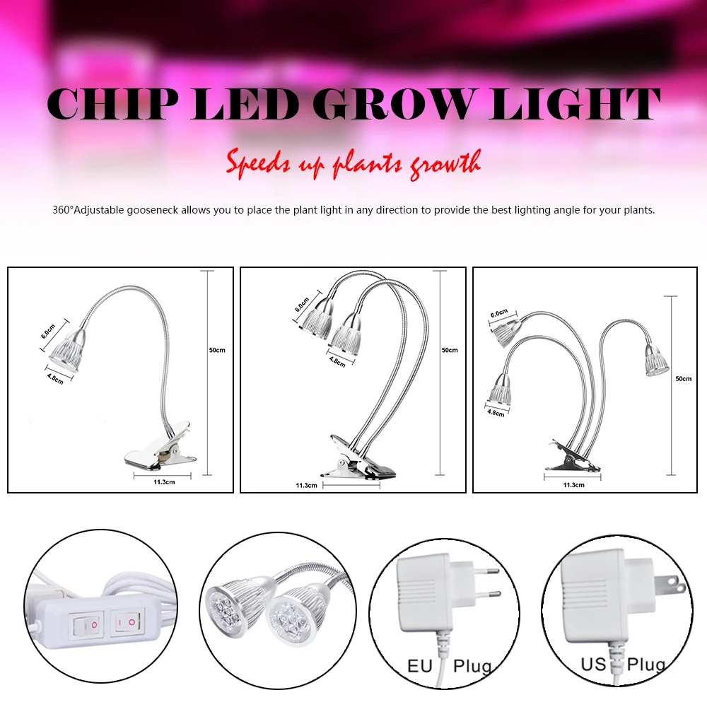 

5/10/15W 360 Degree Three Head LED Plant Grow Light Flexible Indoor Grow Light Plant Grow Lamp For Indoor Plants Greenhouse