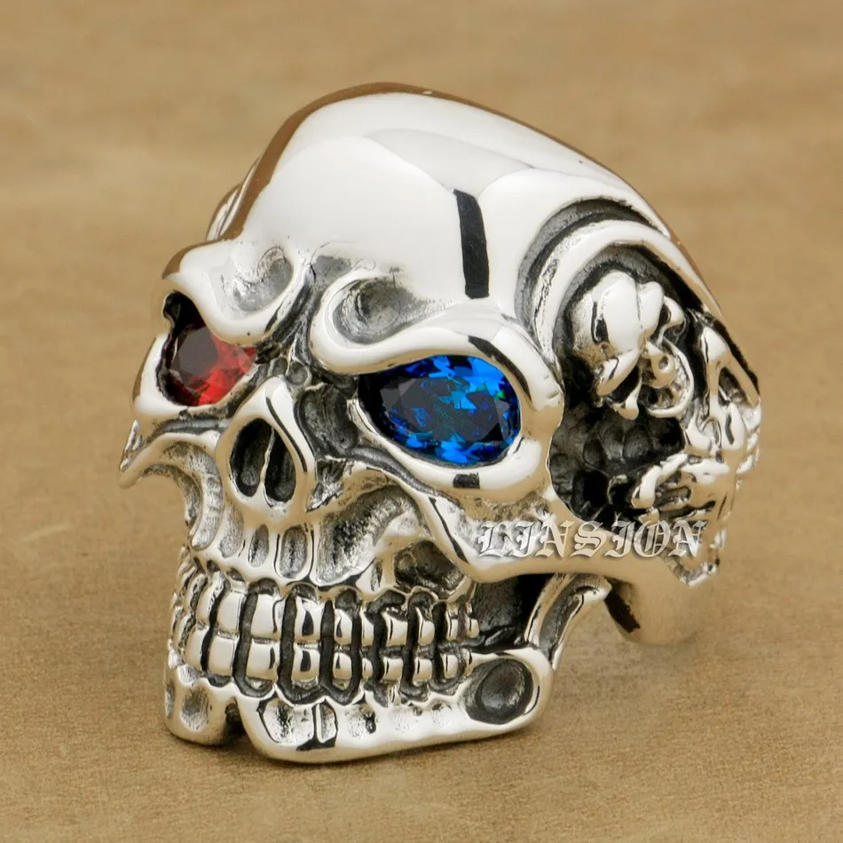 

US Size 8~15 Blue + Red CZ Stone Eyes Solid 925 Sterling Silver Titan Skull Mens Biker Rock Punk Ring 8V805