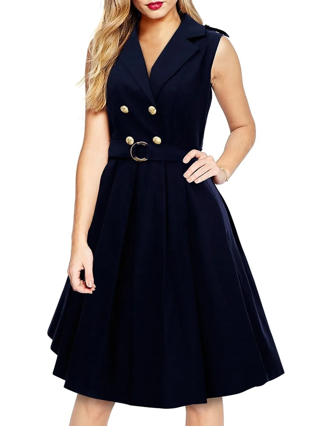 Women's Retro V Neck Navy Style Lapel Sleeveless Bridesmaid Swing Dress