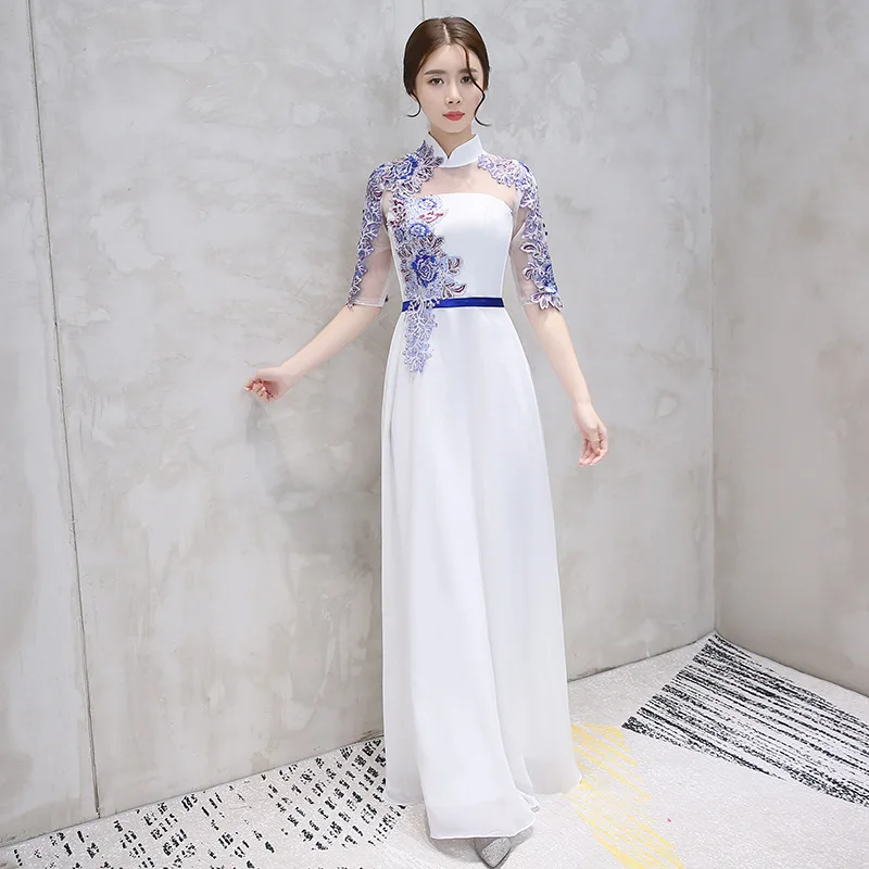 Китайское вечернее платье летнее женское цветочное вышитое свадебное традиционное платье Ципао с рукавом три четверти элегантное кружевное платье Ципао
