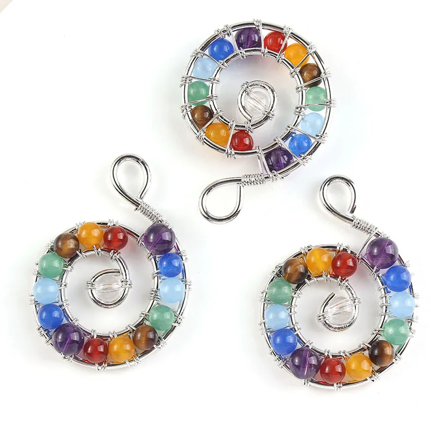 Natural Gnergy Gemstone~ Popular Silver Plated Multi Round Beads Spiral Universe Stone Healing Chakra Pendant Fashion Jewelry 4 AA00201026501c