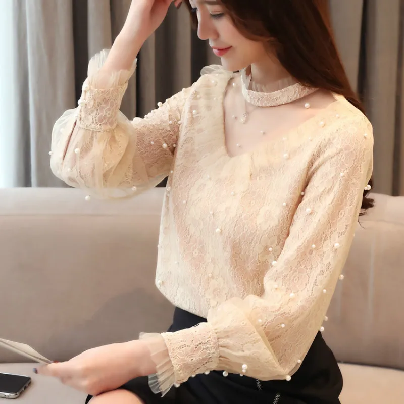 

2019 Spring Long Sleeve Bead Work Lace Blouses Women Sweet Hollow Out Lace Shirts Tops Lady Bead Work Long Sleeve Beige Tops
