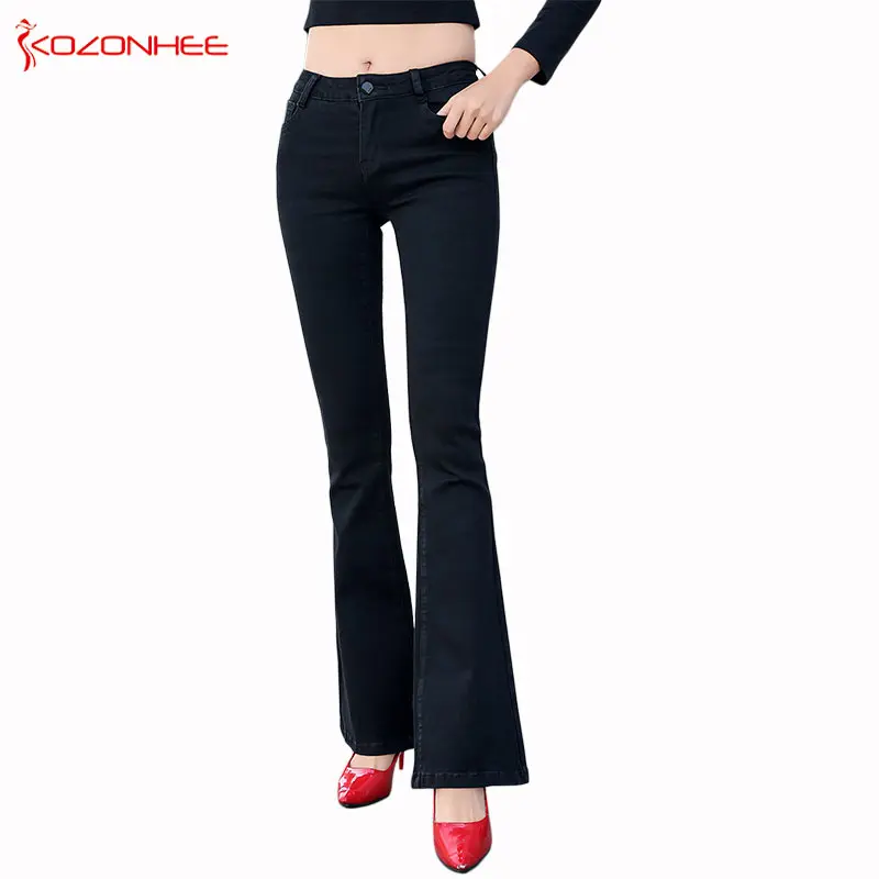 Stretch Elastic Black Flare Jeans Low waist Women Long elasticity Bell ...