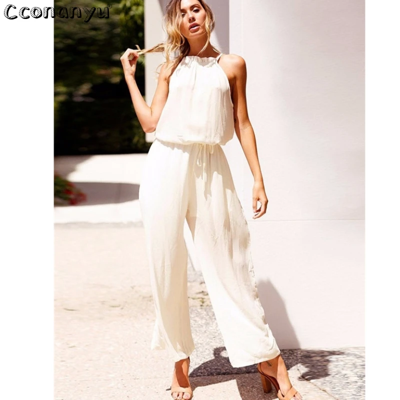 2019 Summer Sleeveless Wide Leg Solid Jumpsuit Sexy Women Halter Backless High Waist Loose Playsuit with Pockets Jumpsuits 2019 Summer Sleeveless Wide Leg Solid Jumpsuit Sexy Women Halter Backless High Waist Loose Playsuit with Pockets Jumpsuits
