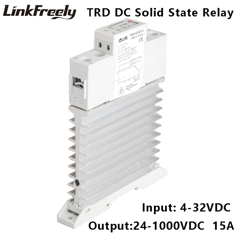 

TRD1000D15M1 Single Phase DC Solid State Relay 5V 12V 24V DC In Output 24-1000VDC/15A DC Control DC Integrated Heat Sink Relay