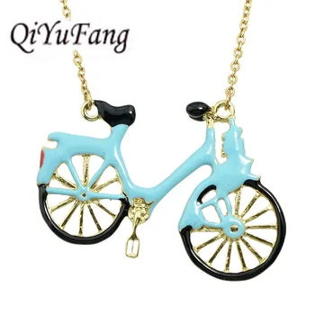 

QIYuFang Statement Metal Alloy Enamel Bike Choker Necklace Chain Collar bicycle Pendant 2018 Fashion New Enamel Jewelry Women