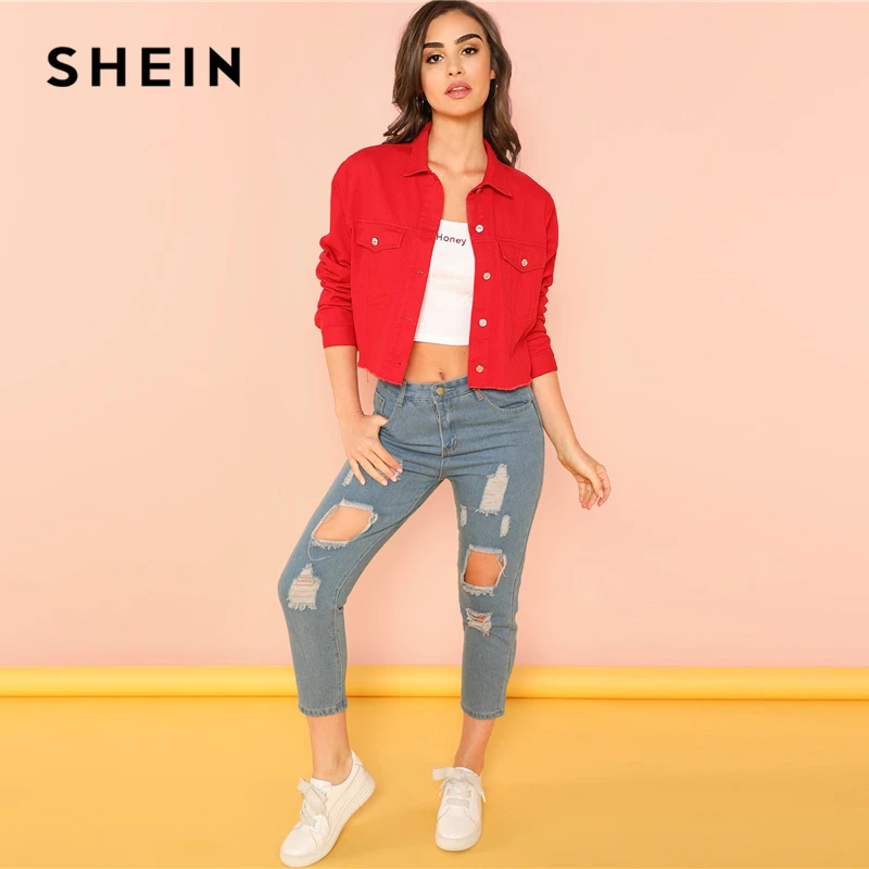 SHEIN Красная Укороченная Куртка На Пуговицах, Плотная Укороченная Рубашка, Демисезонная Куртка