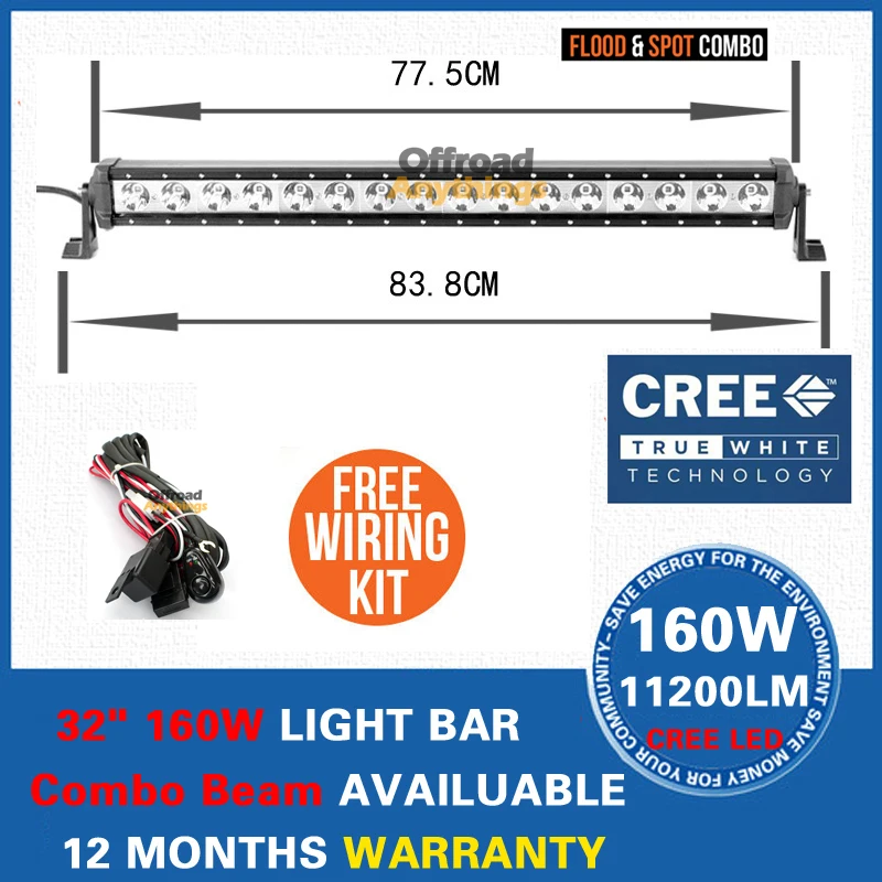 Free Wiring 32" 160W 11200LM Cree LED Work Light Bar Single Row 10w Led