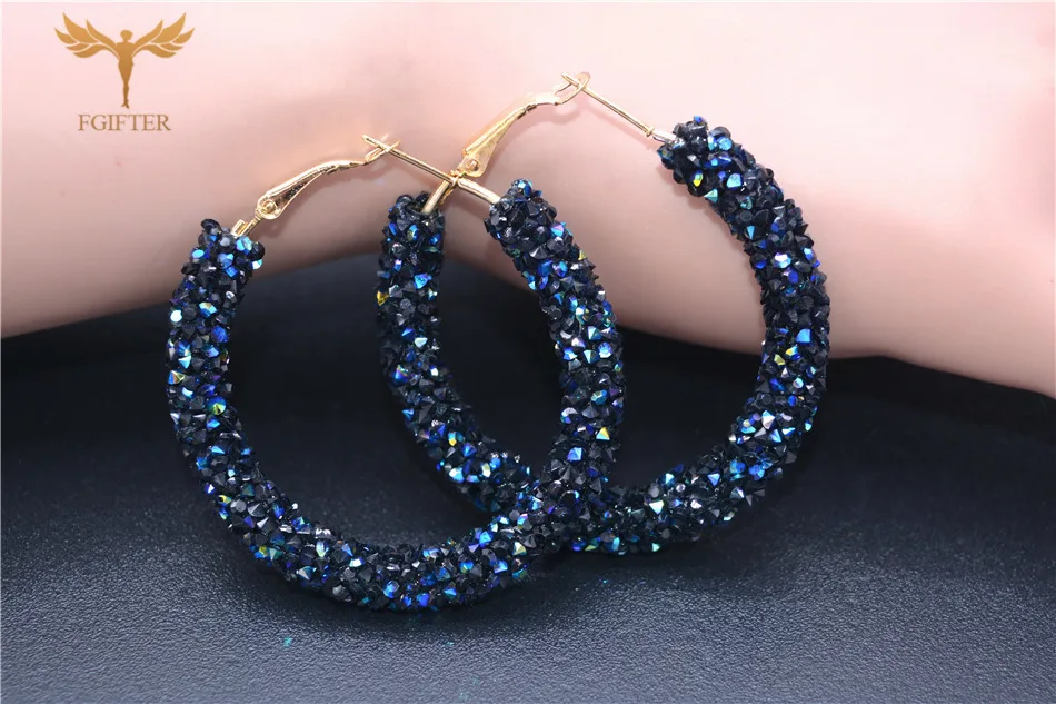 Blue Crystal Round Earrings for Women 48mm Big Hoop Earrings Gold Silver Color Cuff Hoops Woman Earrings Circles Jewelry