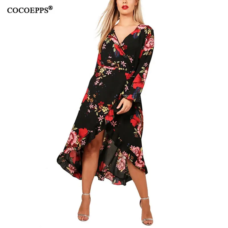 

Floral Print v-neck Maxi Dress Big Size 4xl 5xl Women Beach Dress Vintage Ruffles Wrap Dress Autumn Plus Size Vestidos 2019