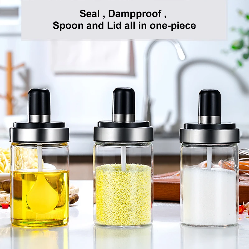 Glass Integrated Seasoning Bottles Jars Spice Spoon Lid Seal Plastic Sauce Oil Kitchen Storage Boxes Organization Accessories|Бутылки
