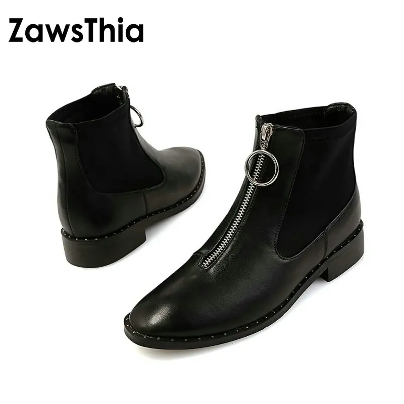 

ZawsThia winter chunky square low heels woman shoes front zipper rivet studded zip ankle boots for women martens martin boots