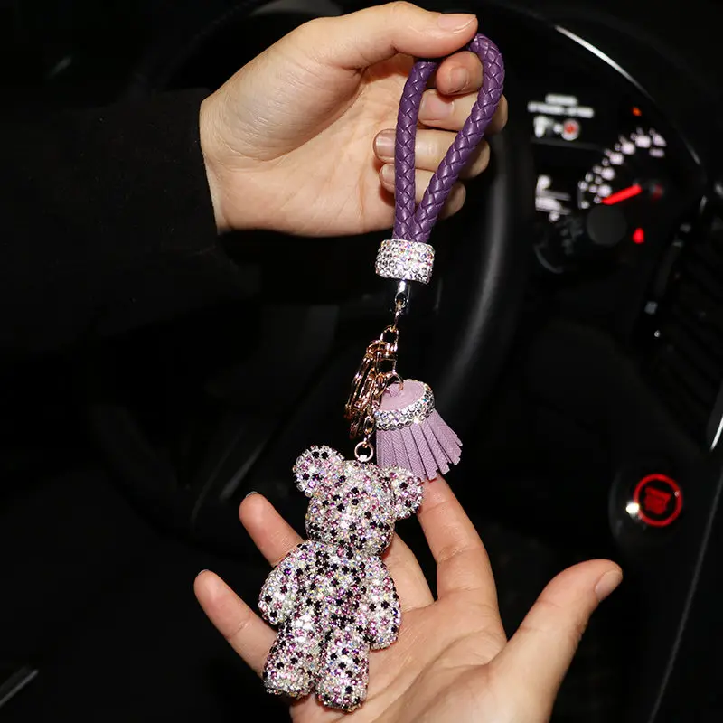 Роскошный хрустальный автомобильный брелок для ключей, стильный милый медвежонок, кисточки, металлические стразы, автомобильный брелок, подвеска, автомобильные брелки - Название цвета: Purple
