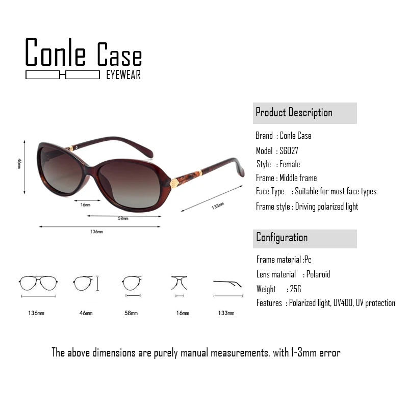 Conle чехол Женские Новые поляризованные солнцезащитные очки Дамская маленькая оправа поляризованные простые модные толстые поляризованные линзы солнцезащитные очки