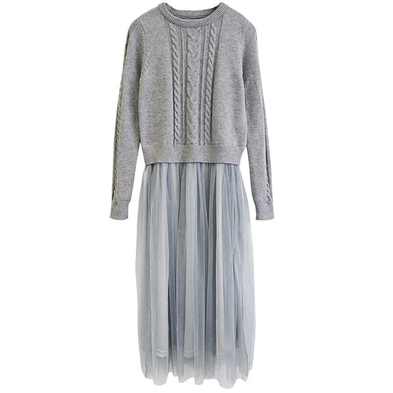Jocoo Jolee, осенне-зимнее платье, элегантное женское платье с круглым вырезом, свитер с длинным рукавом, трикотажное платье миди с высокой талией, Сетчатое теплое женское платье - Цвет: Gray