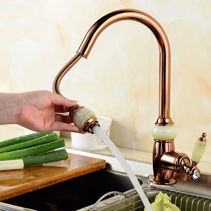 Kitchen Sink Faucets Brass & Jade Pull Out Spray Nozzle Sink Mixer Tap Single Handle Hot & Cold Water Crane Tap Rose Gold