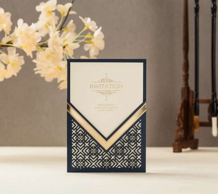 100PCS CW8209_B Navy Blue Foil laser cut wedding invitation free