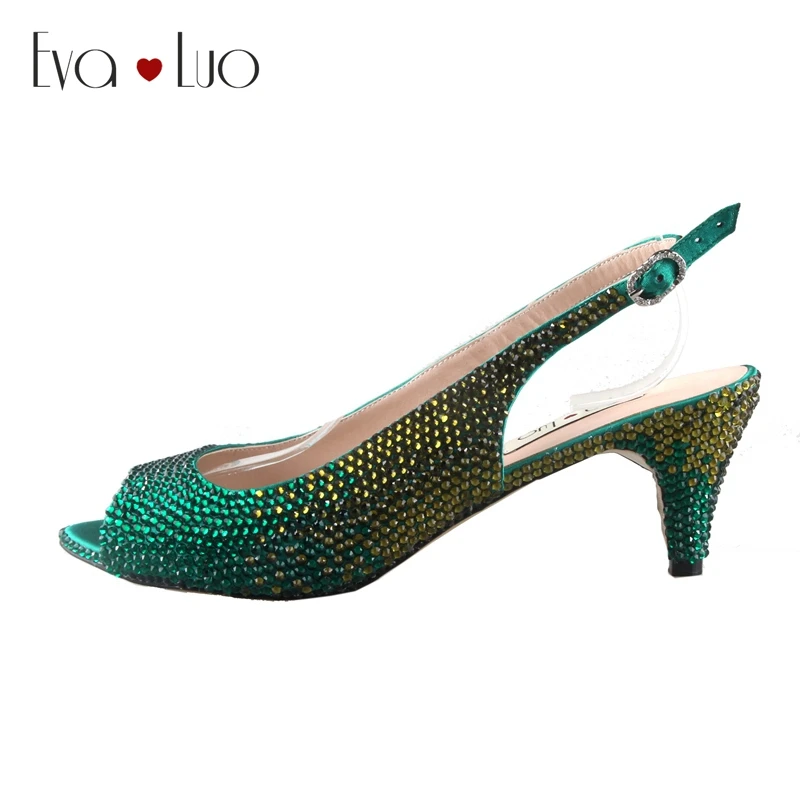 Chs739 Custom Handmade Green Crystal Slingbacks Dress Pumps Big Size