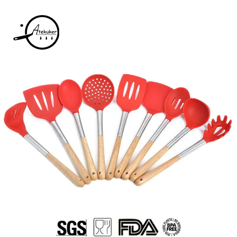 

Atekuker 9Pcs Kitchen Tools Cooking Utensils Wood Handle Ladle Spoon Slotted Spatula Spaghetti Kits Cooking Tools