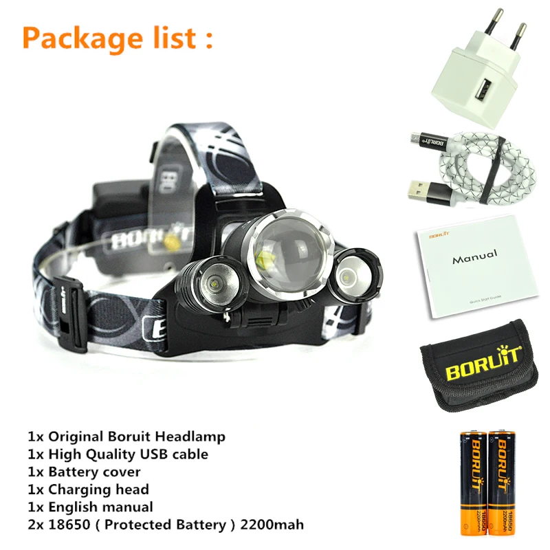 Boruit B22 Powerful led flashligh headlamp usb waterproof rechargeable led head headlight torch lamp with 18650 battery + charger (12)