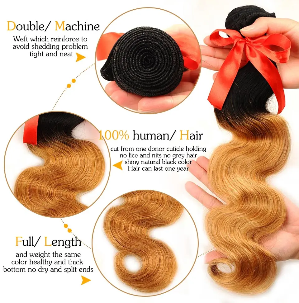 Pinshair Pre-Colored Brazilian Hair Weave Bundles With Closure Ombre T1B 27 Body Wave 3 Bundles With Closure Human Hair Non Remy (1)