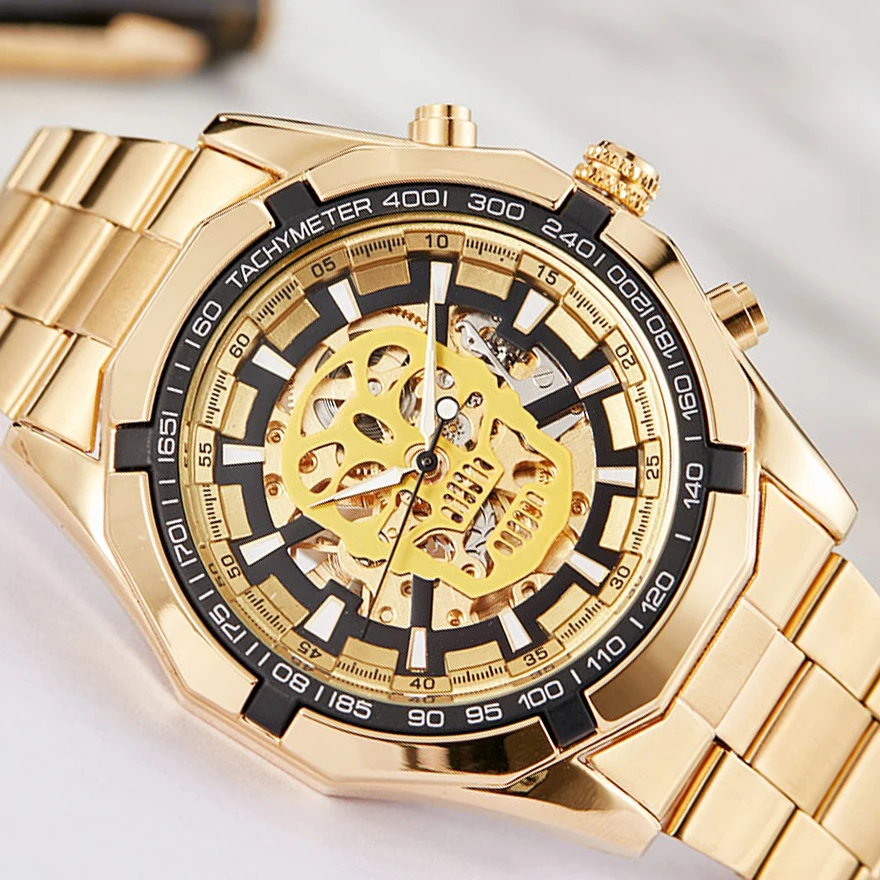 

2019 Luxury Top Gold Hollow Skull Automatic Mechanical Men Watch Skeleton Steel Bracelet Self-wind Wristwatch Male Clock relogio