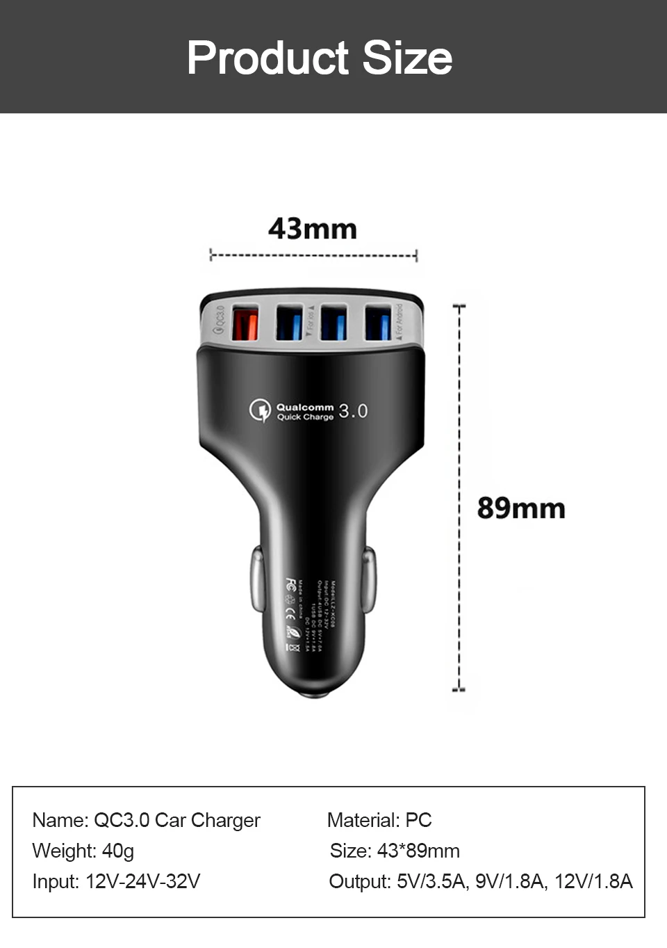 Car Charger QC3.0 4USB Charging For Mobile Phone Tablet CE FCC ROHS Certification 12V-24V-32V 3.5A Fast  Chargers For Car Truck (10)