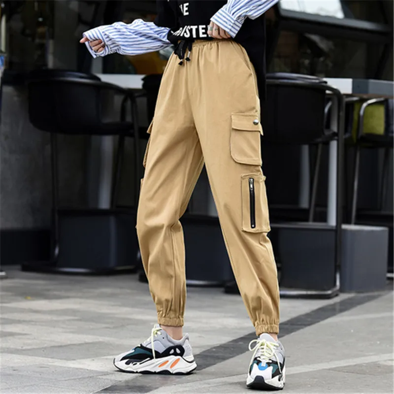 Однотонные уличные брюки WKOUD женские штаны карго с завышенной талией 2019