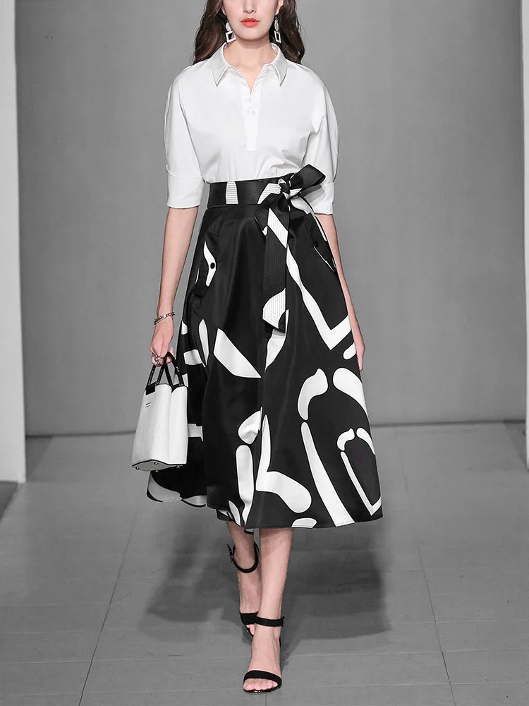 White Lapel Blouse & High Waist A Line Dress (1)