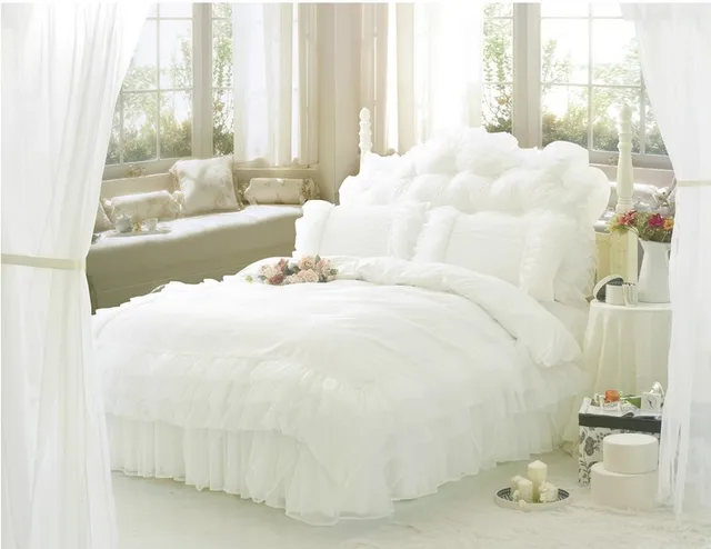 Free Shipping Luxury Snow White Lace Beautiful Bedding Sets Unique Free Shipping Luxury Snow White Lace Beautiful Bedding Sets Unique Princess Comforter Set Ruffle Duvet Covers Queen Twin 4 Pcs