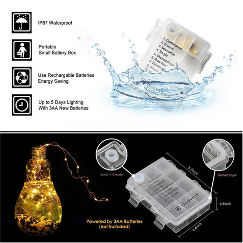 

5M10M Waterproof Remote Control Fairy Lights Battery Operated LED Lights Decoration 8 Mode Timer String Copper Wire Christmas