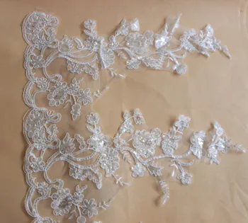 

60CM Wide 10yards Embroidered Net Lace Trim Ribbon Off White with Bridal Sequins