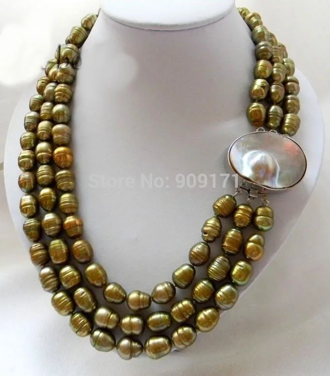 

3Strands 17'' 11mm Green Rice Freshwater Pearl MABE Clasp Necklace