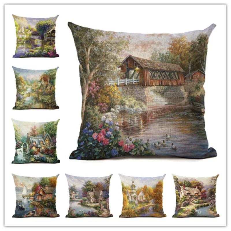 

Hot Selling Quiet Town Linen Cotton Square Retro Floral Home Decor Throw Pillow Cushion Cover Cojines