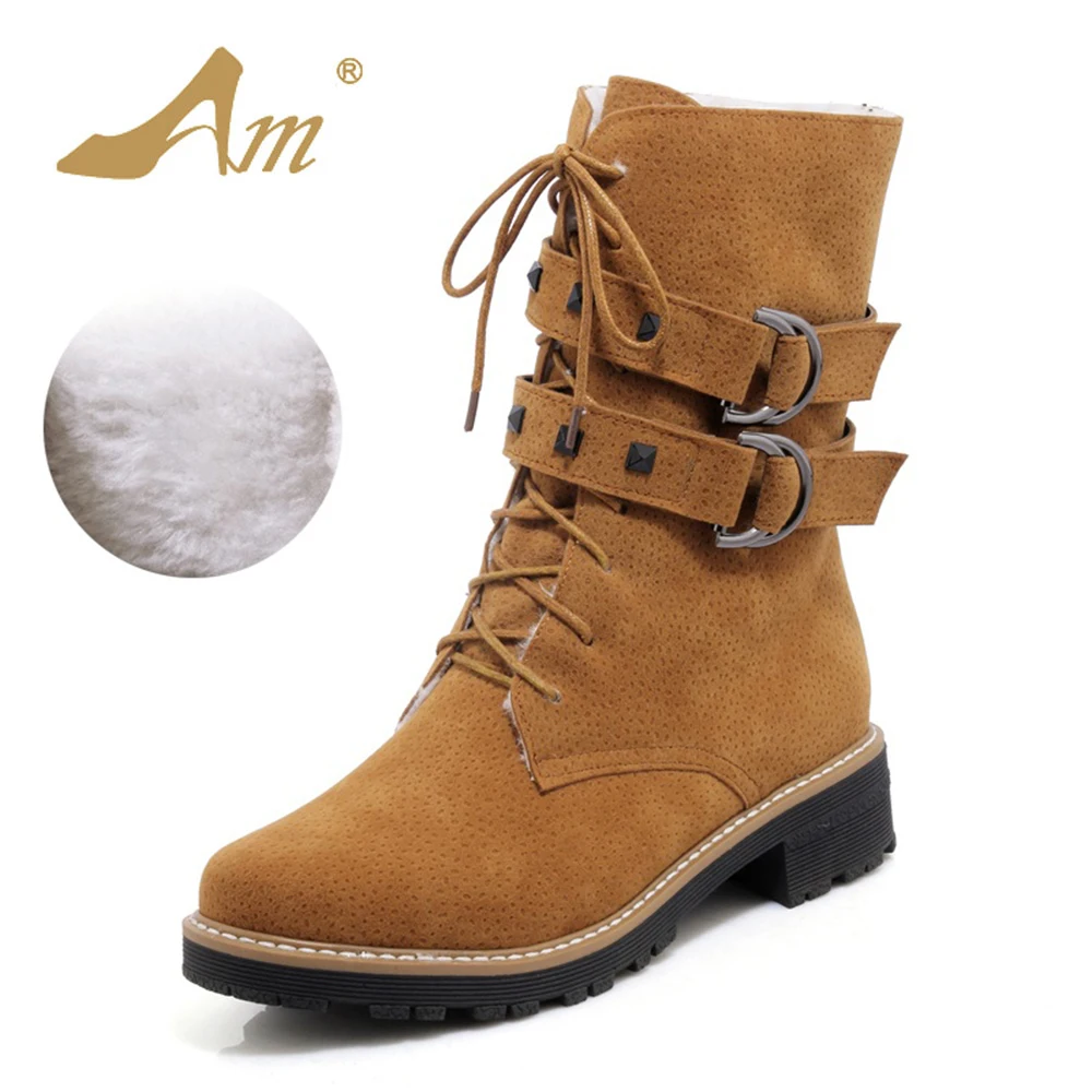 

AME Women Boots with Fur Med Heels Mid Calf Boots Platform Shoes Brand Women Shoes Autumn Winter Botas Mujer Size 34- 41 42 43