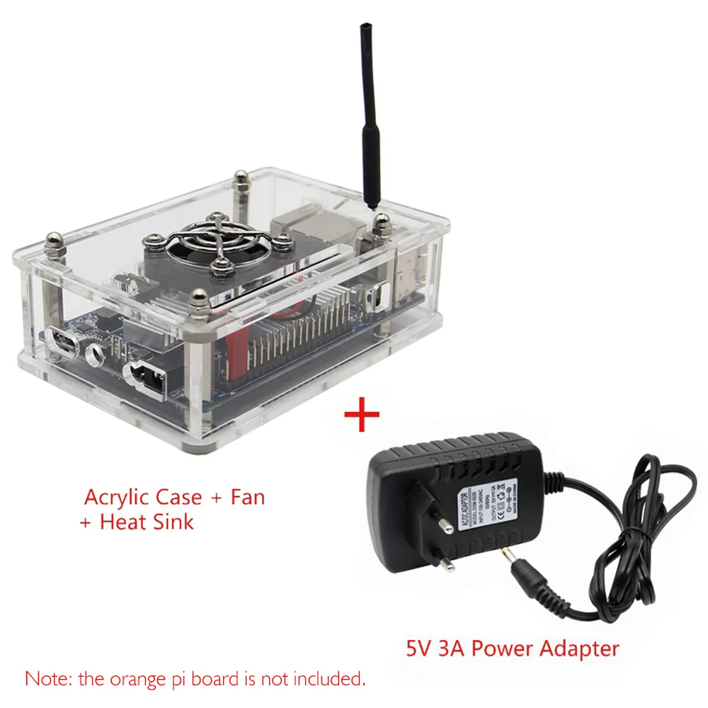 Оранжевый Pi плюс 2E акриловый чехол+ вентилятор+ теплоотвод(4 шт./лот)+ 5V 3A Мощность набор адаптеров для оранжевый Pi стартовый комплект