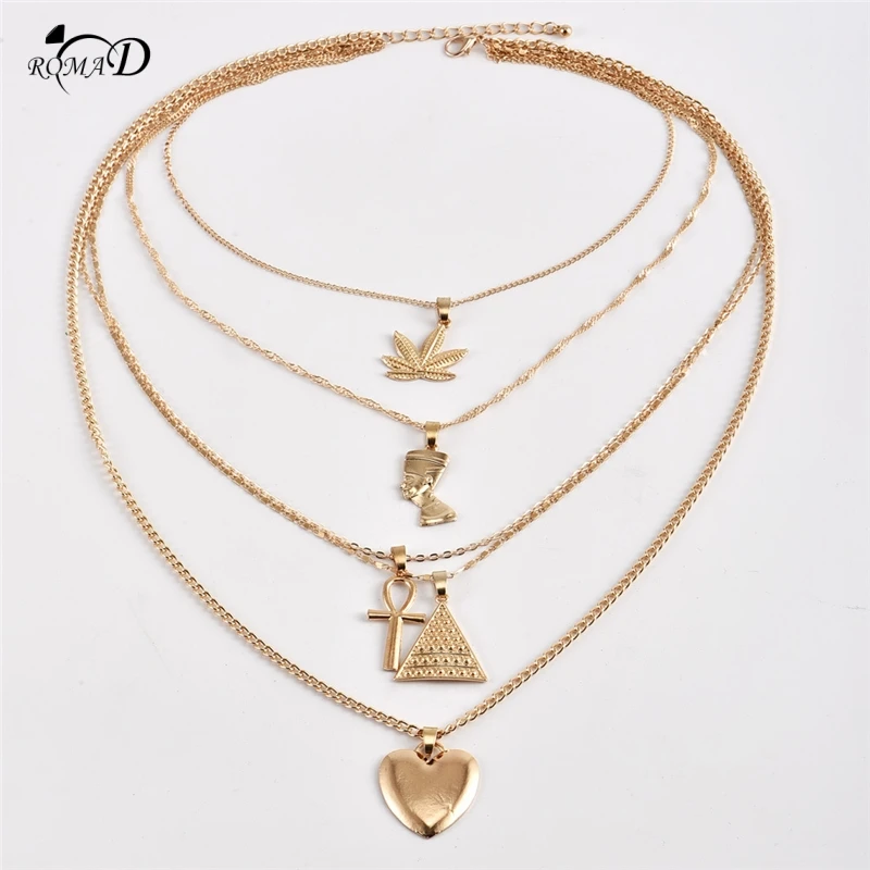 Богемное многослойное колье, ожерелье с подвеской для женщин, модное ожерелье с золотым Кленовым листом/египетским фараоном/королевой/пирамидой, А40