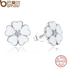 925 Sterling Silver Primrose Flower Stud Earrings White Enamel Compatible with Jewelry with Cubic Zirconia PAS402