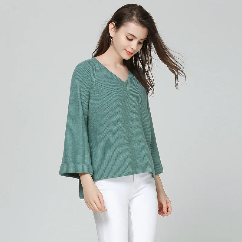 Solid loose v-neck elastic knit sweater 2018 new flare sleeve women autumn basic casual sweater