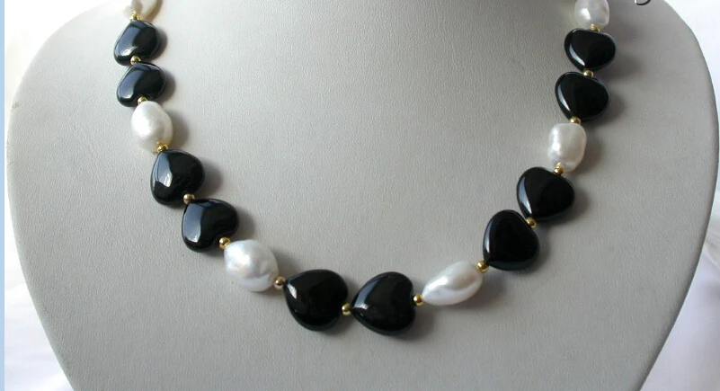

popular 14mm baroque heart black agate white freshwater pearl necklace 18
