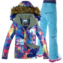 Gsou Snow/лыжи костюм для женщин, открытый, водонепроницаемый, утолщение, воротник для волос, граффити, куртка+ брюки теплый комплект одежды