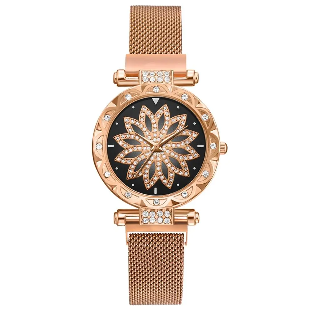 Топ бренд для женщин сетки Магнит пряжка Lucky Flower часы Роскошные дамы Геометрическая поверхность кварцевые часы Relogio Feminino - Цвет: Розовый