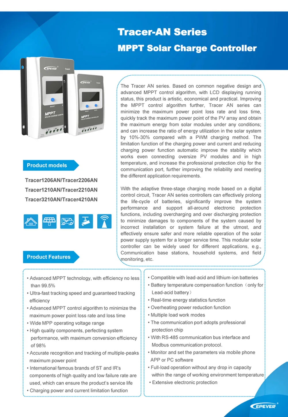 Controlador de Carga Automático com Lcd Epever Tracer 1206an 1210an 2206an 2210an 3210an 4210an Mppt Solar 10a 20a 30a 40a 12 v 24 v Trabalho 2 solar charge controller 12v