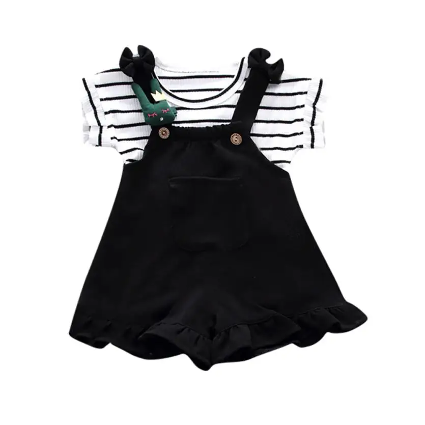 Комплект для маленьких девочек: летняя рубашка в полоску с короткими рукавами+ шорты на подтяжках