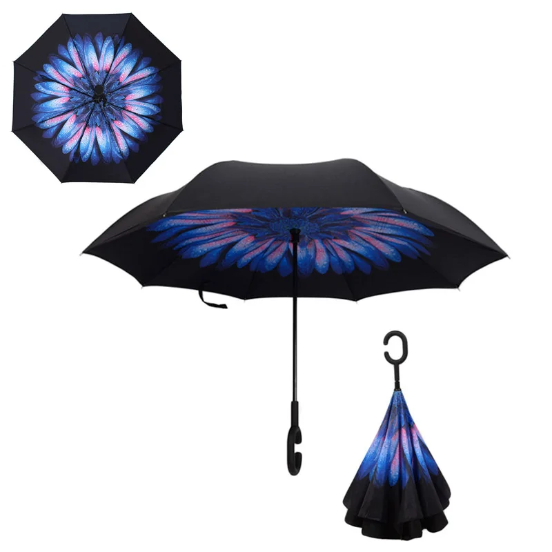 Складной обратный зонтик, двойной слой, перевернутый, ветрозащитный, дождевик, автомобильный Зонтик для женщин, C образной ручкой, длинная ручка, дождевик - Цвет: Blue Daisy